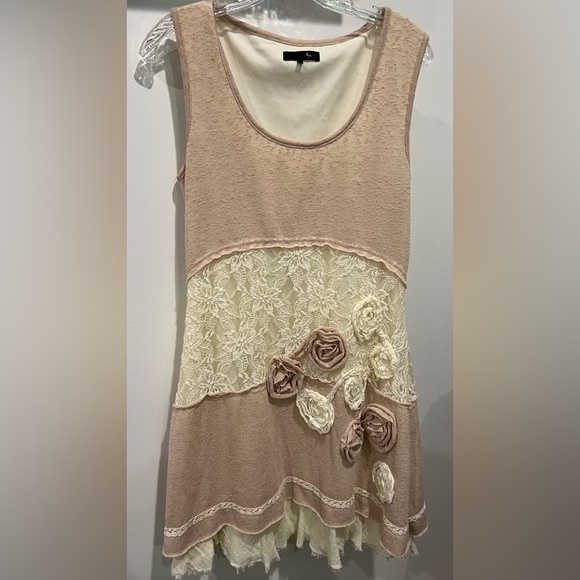 Ryu Floral Lace Accent Sleeveless Dress in Cream and Taupe Sz L Beautiful Detail - Picture 1 of 12